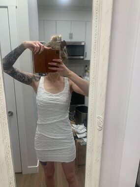 le chateau White Textured Scoop Neck Mini Dress